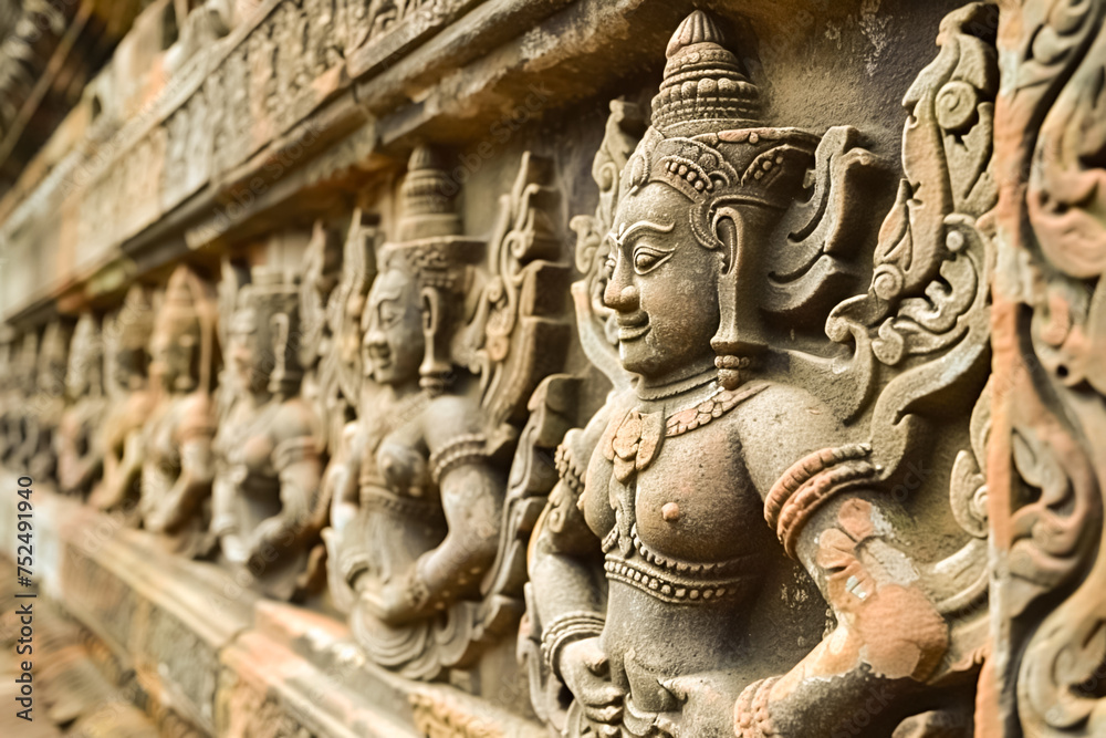 Majestic architecture from the Khmer Empire with intricate carvings and temples Close up