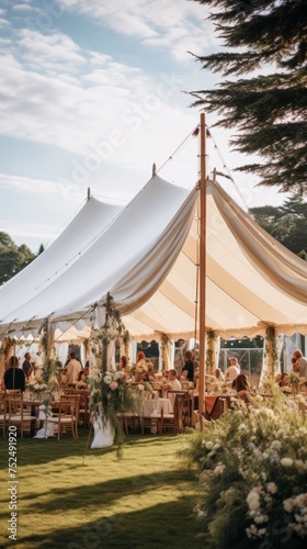 Wedding tent for celebrating a wedding in the summer outdoors, a festive indoor tent decorated with flowers