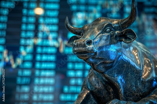A bull statue in front of a digital stock market display.