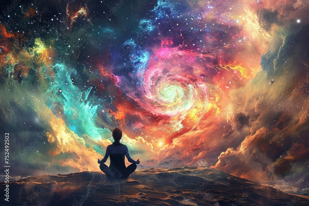 A person meditating in front of a vibrant, cosmic nebula.