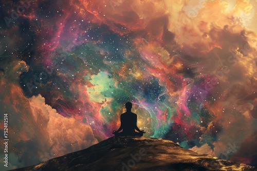 A person meditating in front of a vibrant, cosmic nebula. © ParinApril