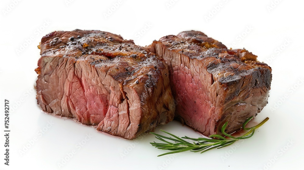 Grill Masterpiece - Two succulent pieces of roast beef, expertly grilled to perfection, showcased from a side angle. Crispy skin and fresh color pop on a clean white background