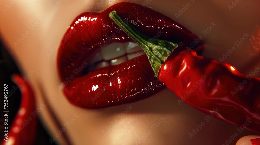 Kobieta z krwistą szminką z ostrym chili na ustach - obrazy, fototapety, plakaty 