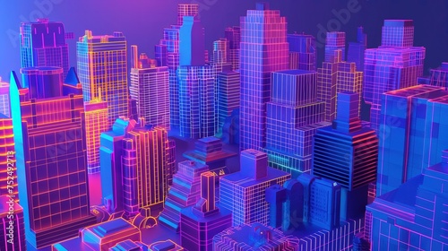 Du  e cyfrowe miasto wype  nione wysokimi budynkami w stylu neon cyberpunk
