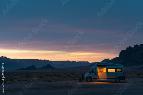 A camper van parked in the desert at twilight with the interior lights on and a person sitting beside it.