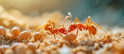 Macro close up of an ant colony with multiple ants working together on the ground © TheWaterMeloonProjec