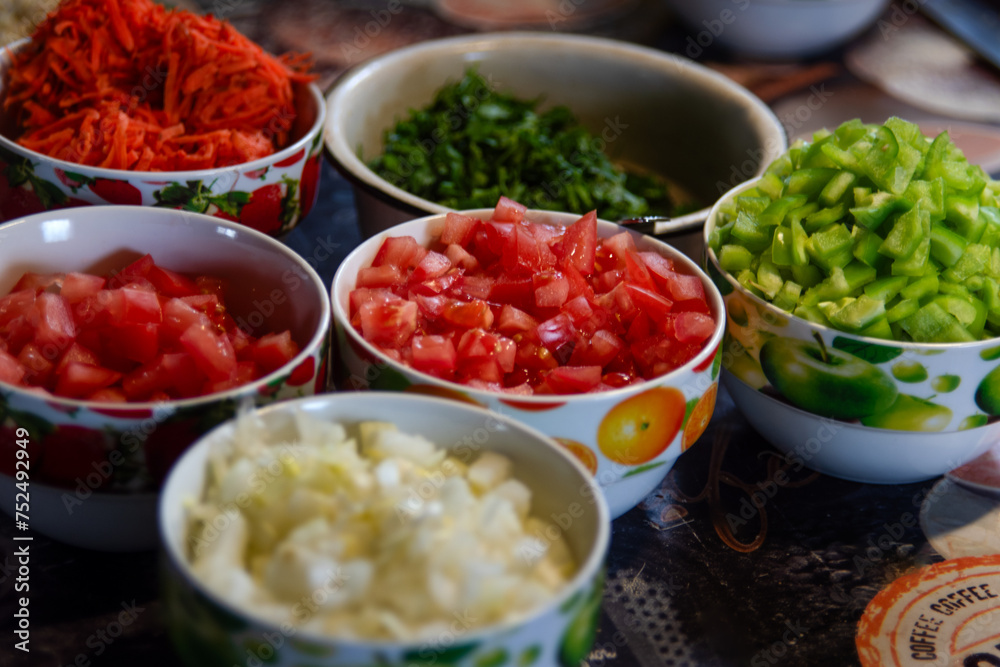 Chopped vegetables - peppers, onions, carrots, tomatoes in separate plates Chopped vegetables - peppers, onions, carrots, tomatoes in separate plates