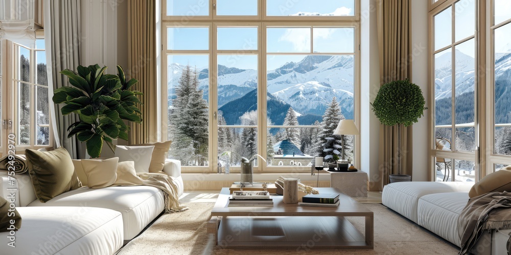 An apartment's interior boasts a grand window presenting a captivating mountain vista, providing a peaceful and scenic backdrop.