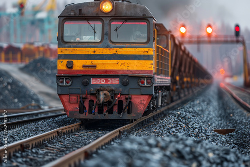 A vibrant heavy freight train moving on tracks with industrial background under overcast sky