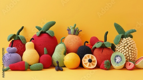Grupa zrobionych na drutach owoców i warzyw jest starannie ułożona na żółtym tle. Różnorodne kształty i kolory wyróżniają się na tym jasnym tle. photo