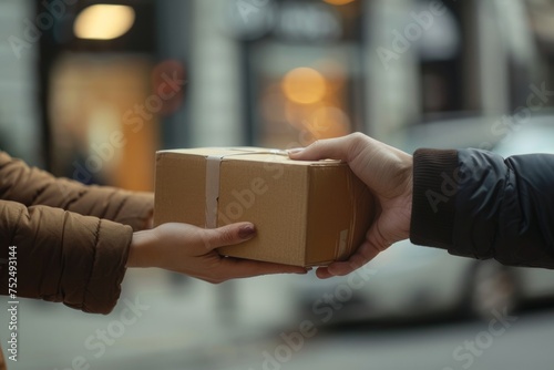 Close up of hands exchanging a cardboard package.