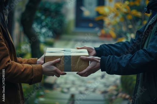 Two people exchanging a parcel in a casual setting.