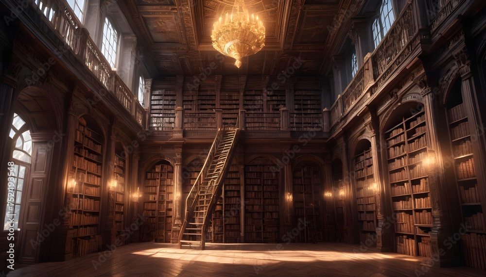 Highly Detailed Illustration Of A Grand Library With Floor To Ceiling Bookshelves  Ornate Ladders  And Ancient Books With Ethereal Glowing Titles (3)
