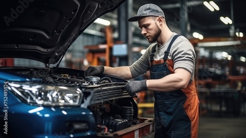 The proficient auto repair master showcases precision and expertise as they diligently repair a car engine at the forefront of the auto service, ensuring top-quality automotive care. © Yulya