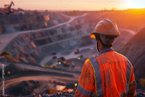 Worker in high visibility gear overlooking a mine at sunset. photo