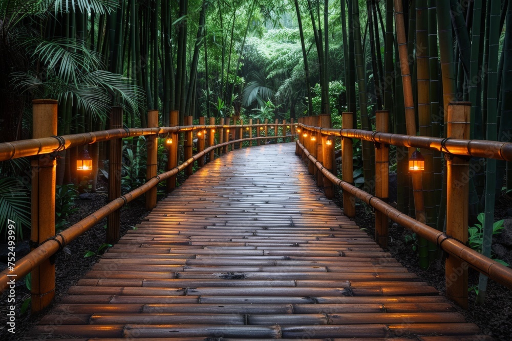 Fototapeta premium An enticing image of a bamboo pathway warmly lit with traditional lanterns, offering a sense of guidance and tranquility