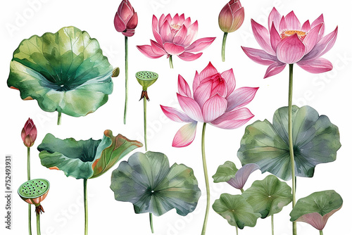 3d set of white and pink lotus flowers, stems and leaves for advertising and invitations vector illustration
