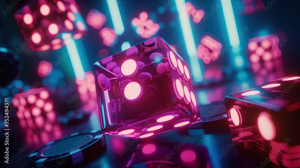 Grupa neonowych kostek do gry w kolorze magenta.