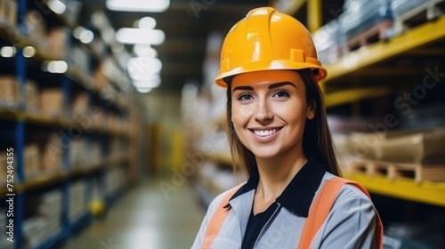 Amidst the industrial setting of the warehouse, a woman in work clothes and a helmet stands tall, epitomizing determination and commitment to her craft.
