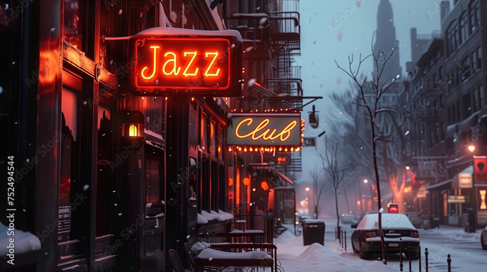 Zimową ulicę miasta, na której znajduje się świecący neonowy znak klubu jazzowego. Światła oświetlają śnieżną scenerię, tworząc kontrast między zimowym krajobrazem a ciepłym blaskiem neonu. - obrazy, fototapety, plakaty 