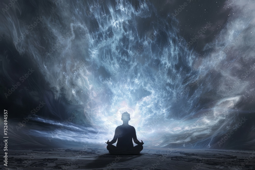A person in meditation with cosmic light emanating from them in a dark landscape. A person in meditation with cosmic light emanating from them in a dark landscape.