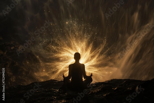 A person in meditation with cosmic light emanating from them in a dark landscape.