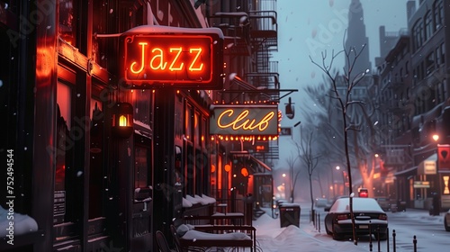 Zimową ulicę miasta, na której znajduje się świecący neonowy znak klubu jazzowego. Światła oświetlają śnieżną scenerię, tworząc kontrast między zimowym krajobrazem a ciepłym blaskiem neonu.