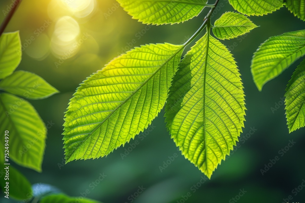 Close-up of fresh green leaves with sunlight filtering through, highlighting the intricate vein patterns Close-up of fresh green leaves with sunlight filtering through, highlighting the intricate vein patterns