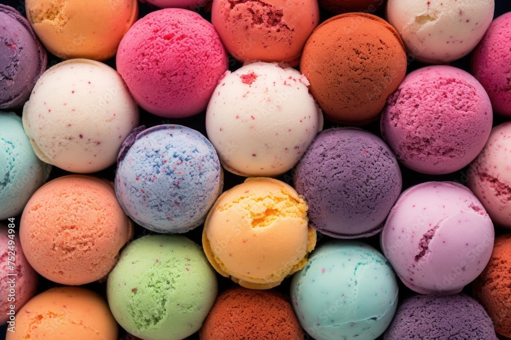 Set with various colorful ice cream scoops with different flavors and fresh ingredients. Cold and fresh summer sweets. Menu concept. Flat lay, top view Set with various colorful ice cream scoops with different flavors and fresh ingredients. Cold and fresh summer sweets. Menu concept. Flat lay, top view