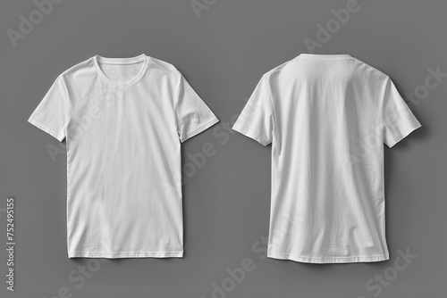 Front and back view of a plain white t shirt on a grey background.