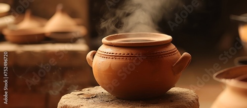 Ancient clay pot emitting smoke on rugged rock surface in natural environment photo