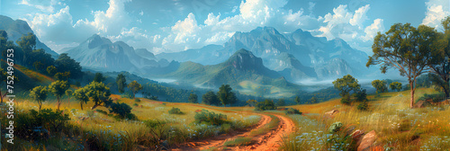 panorama of the mountains in autumn 3d   Digital Painting of a Rural Road in the Mountains 