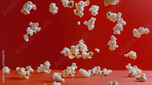 Advertising shot of flying peaces of popcorn in the air, close up shot on neutral red background