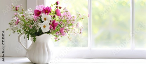 An elegant vase filled with gorgeous flowers sitting on a serene window sill