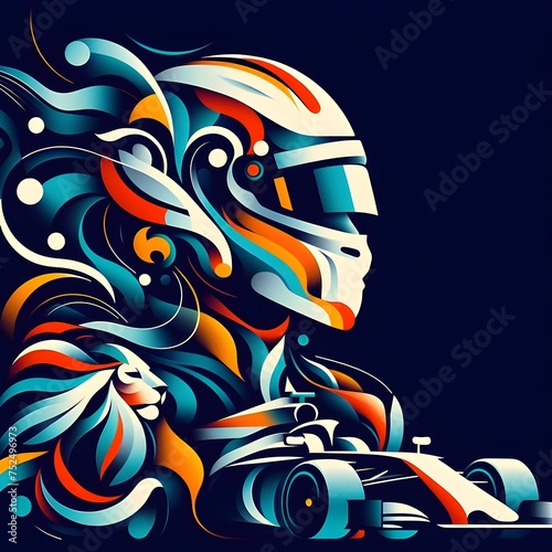 Abstract image of F1 driver with car & lion 