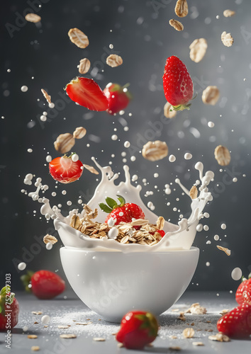 Advertising shot of white ceramic bowl with oat meal with milk splashes, strawberries and flakes, cereals on black background