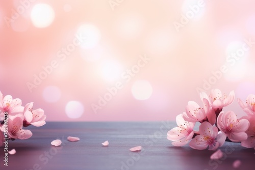 Pink cherry flowers on blurred background with golden lights. Greeting card template for wedding  Mother s or Women s day. Spa and beauty concept. Flat lay  top view  with copy space