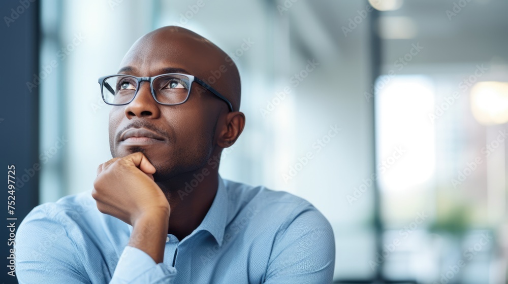 Thoughtful Black Businessman Contemplating Future Strategies in Modern Office Setting Thoughtful Black Businessman Contemplating Future Strategies in Modern Office Setting