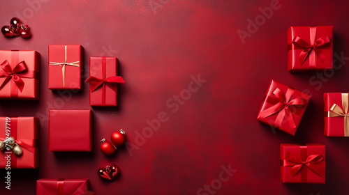 Red background. Xmas gold gift box and red ribbon bow viewed from above for text Merry Christmas, Happy New Year and Black Friday season. Horizontal banner, website. Vector illustration