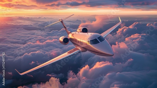 A luxury private jet airplane overflying cloudy skies at sunset photo