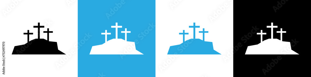 Calvary Cross icon. Easter Resurrection Vector Art, icon. He is risen, the tomb of Christ on a light background. Easter Sunday Blessings