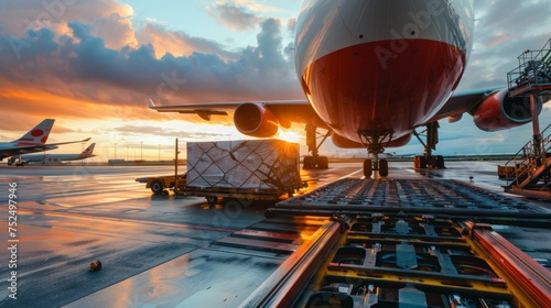 Air cargo logistic containers are loading to an airplane. Air transport shipment prepare for loading to modern freighter jet aircraft at the airport.