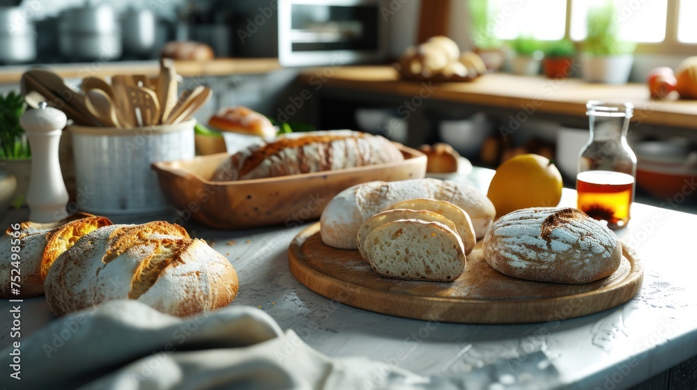 A counter with a variety of loaves of bread on cutting boards.