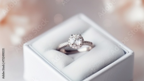 wedding rings in white box with bokeh background. wedding concept with copy space. photo