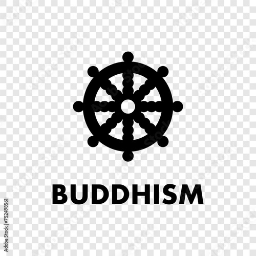 Dharmachakra icon or symbol. Dharma Wheel symbol in Buddhism. Black and white line icon.