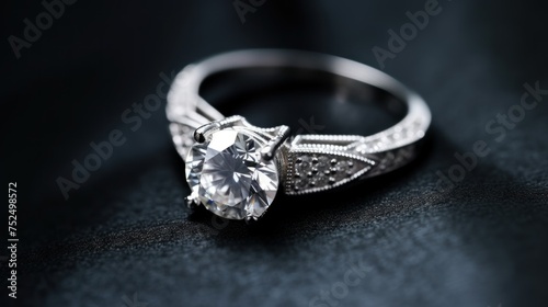 Jewelry diamond ring on a dark background close-up. wedding concept with copy space.