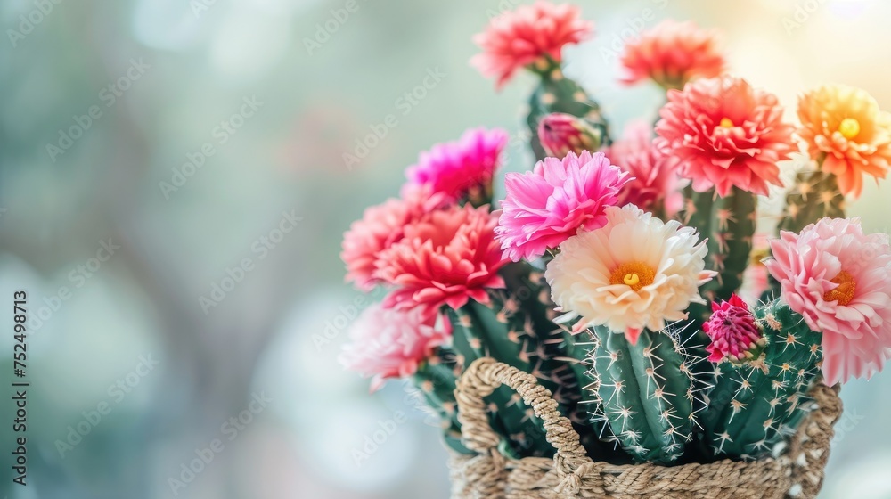 Blooming cacti with vibrant pink flowers in a woven pot, set against a soft-focused background.