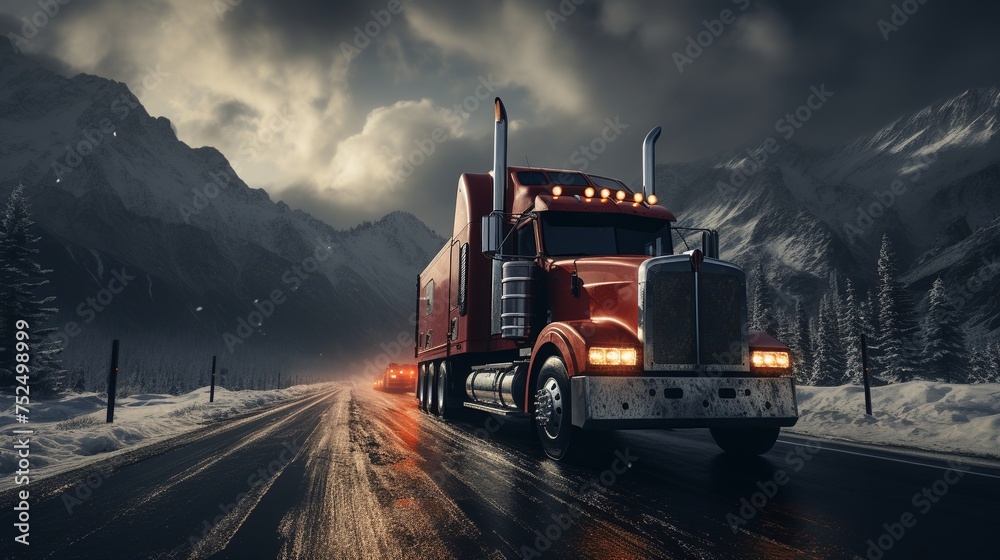 Semi-truck driving on highway with mountains in background, dramatic sky, concept of transportation and logistics. Semi-truck driving on highway with mountains in background, dramatic sky, concept of transportation and logistics.