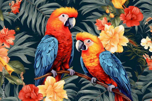 Seamless pattern with parrots and acacia flowers bright colors, summer hawaiian style background for fabric, fashion, wallpaper and backdrop © Pickoloh