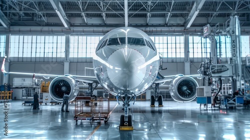 Passenger aircraft on maintenance of engine and fuselage repair in airport hangar